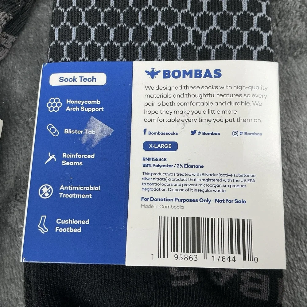 2 Pairs Bombas Unisex XL Ankle Socks Fits Up To Size 16 Black Honeycomb Pattern